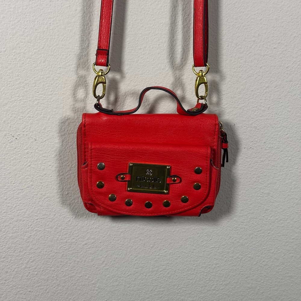 Nicole by Nicole Miller Red Studded Crossbody Wallet Bag Gold Tone Hardware